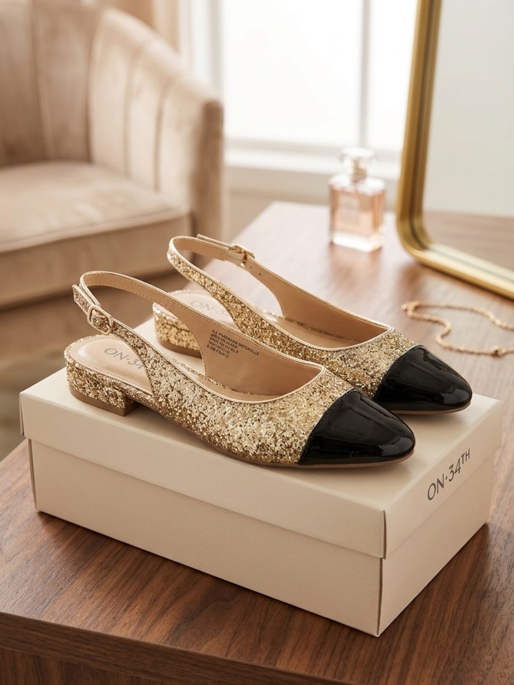 ON 34TH Gold Glitter Slingback Flats with Black Cap Toe